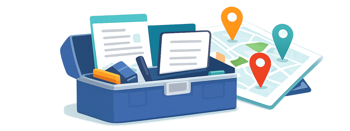 Caja de herramientas con mapa y documentos - IA