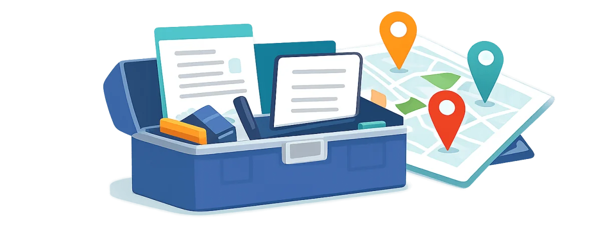 Caja de herramientas con mapa y documentos - IA